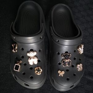 Like New Black Clogs with Assoerted Gold Charms